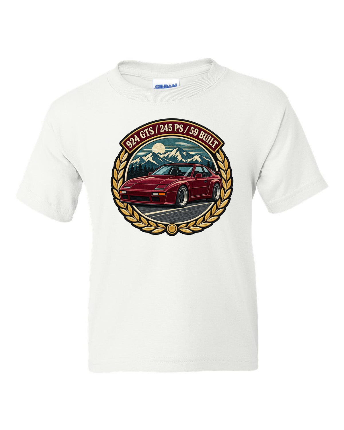 Embroidery-style racing crest for the Porsche 924 GTS with 245 PS and 59 built lettering white kids tee front view with the design