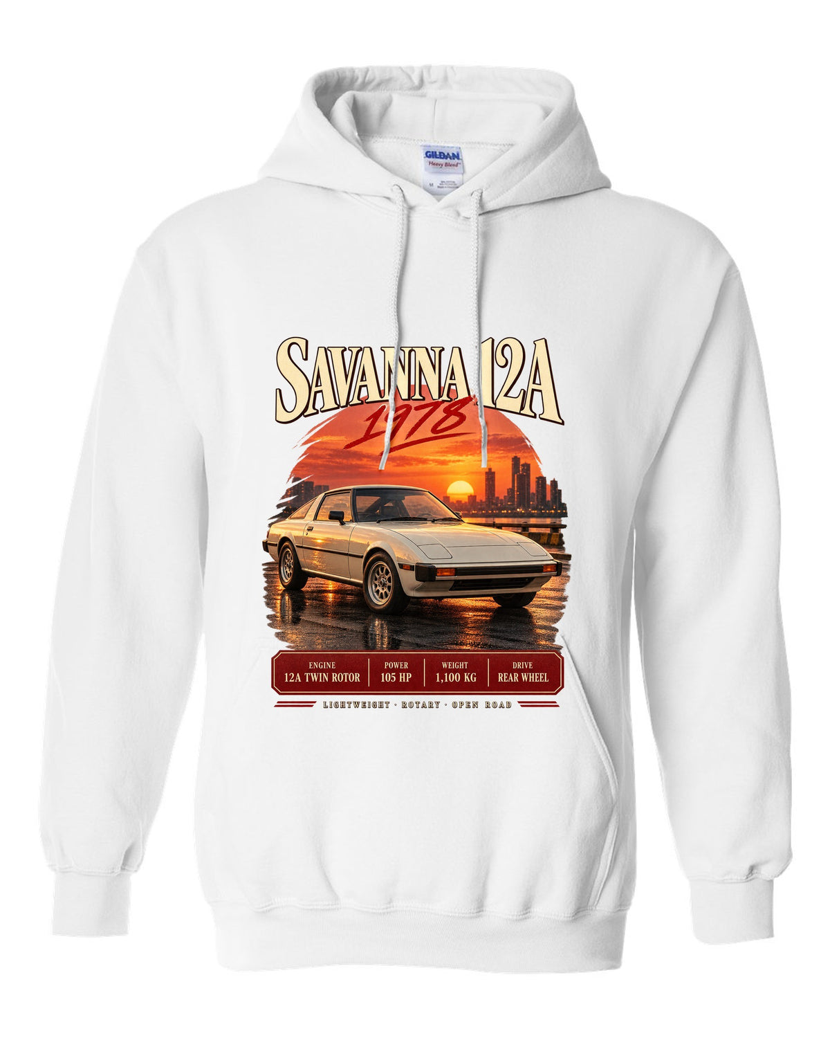 Archive panel print for the Mazda RX-7 SA22C 1978-85 with Savanna 12A and 1,100 kg details white pull over hoodie front view with the design