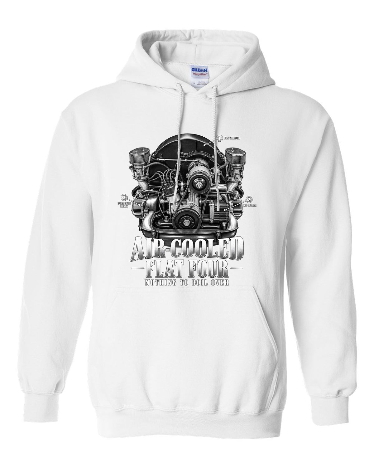 Engine bay callout print of a VW Beetle air-cooled 1600 dual-port flat-four white pull over hoodie front view with the design