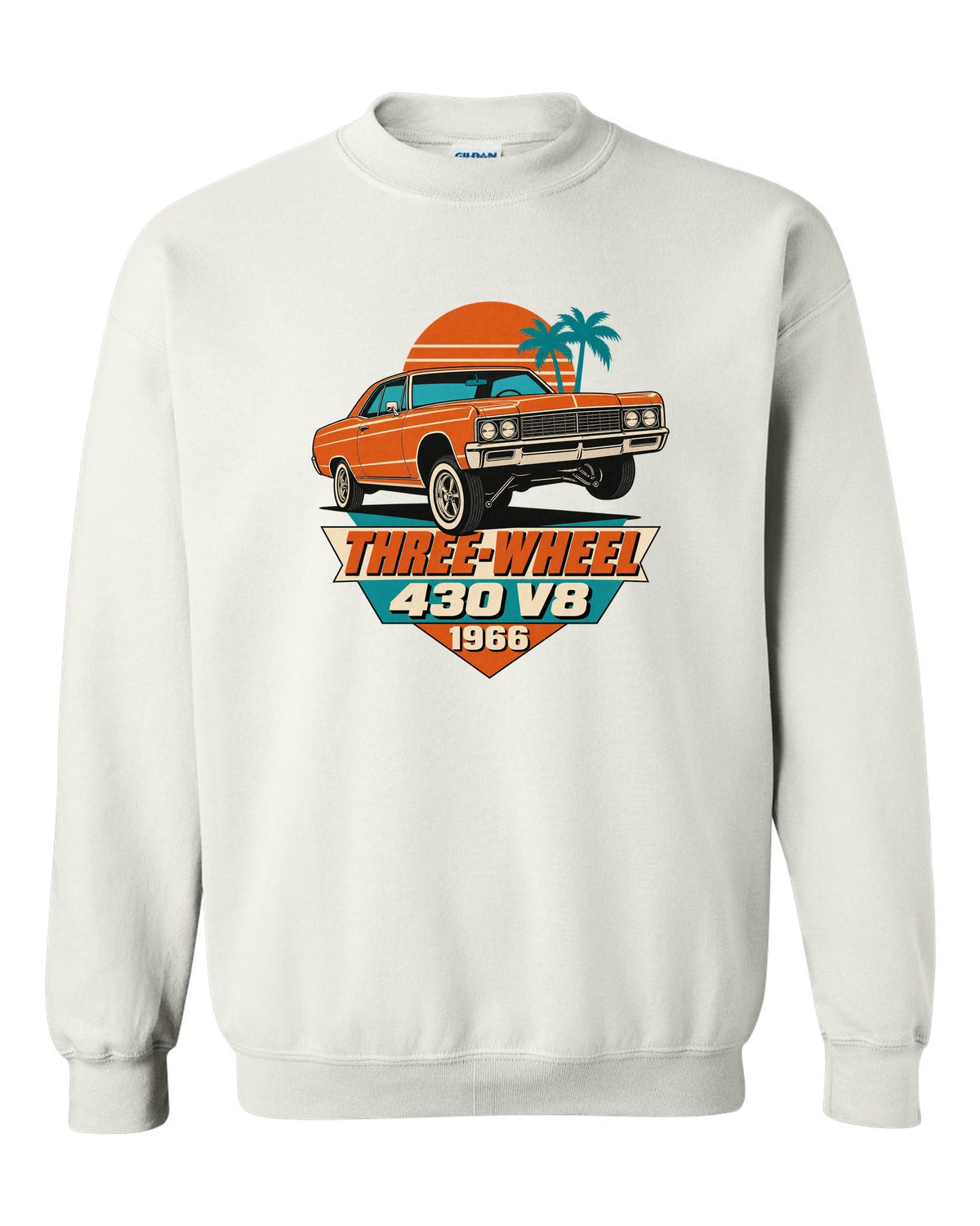 1966 Lincoln Continental lowrider on hydraulics in a 1960s litho poster style white crewneck front view with the design