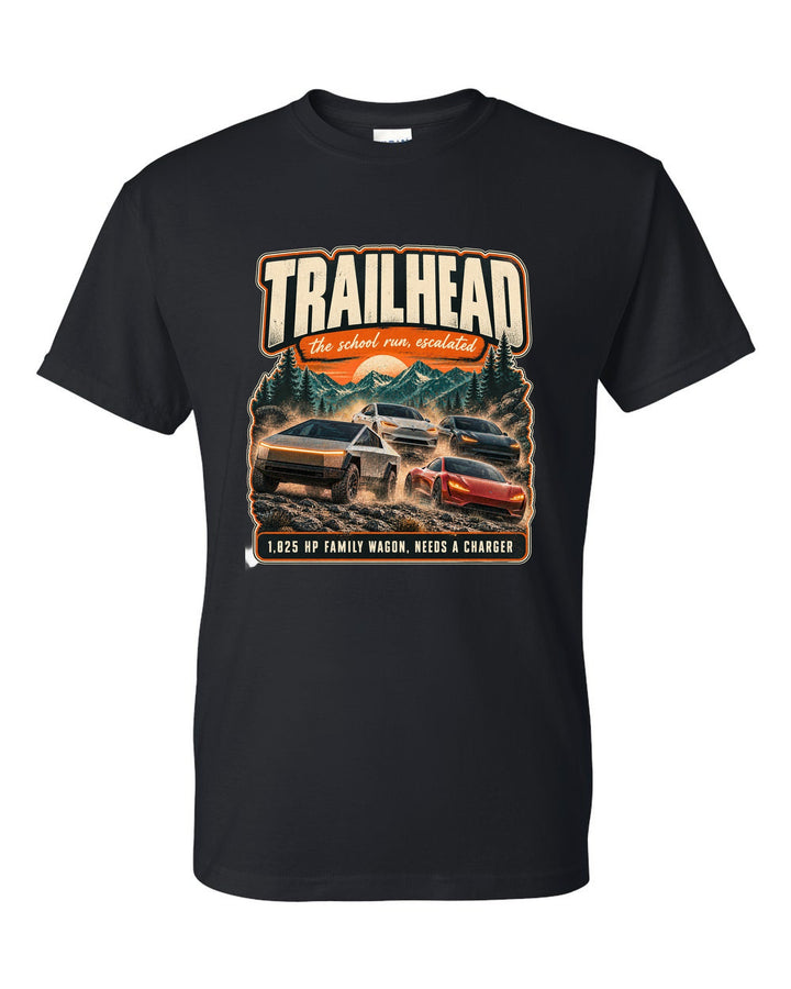 Street poster print of a Rivian R1S with trailhead and horsepower text black t-shirt front view with the design
