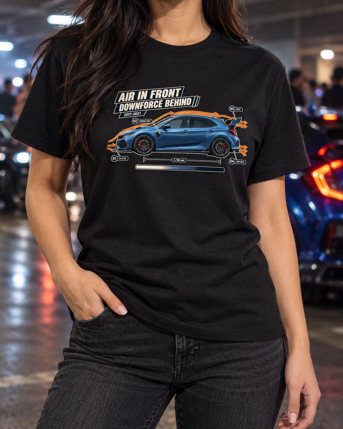 Honda Civic Type R FK8 Aero Callouts Tee, Boost Blue Car Shirt T-Shirt Black worn hero