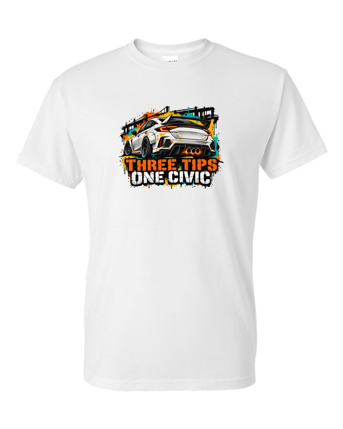 Stencil spray street art print of a 2023 Honda Civic FL5 ch with three tips one Civic text white t-shirt front view with the design