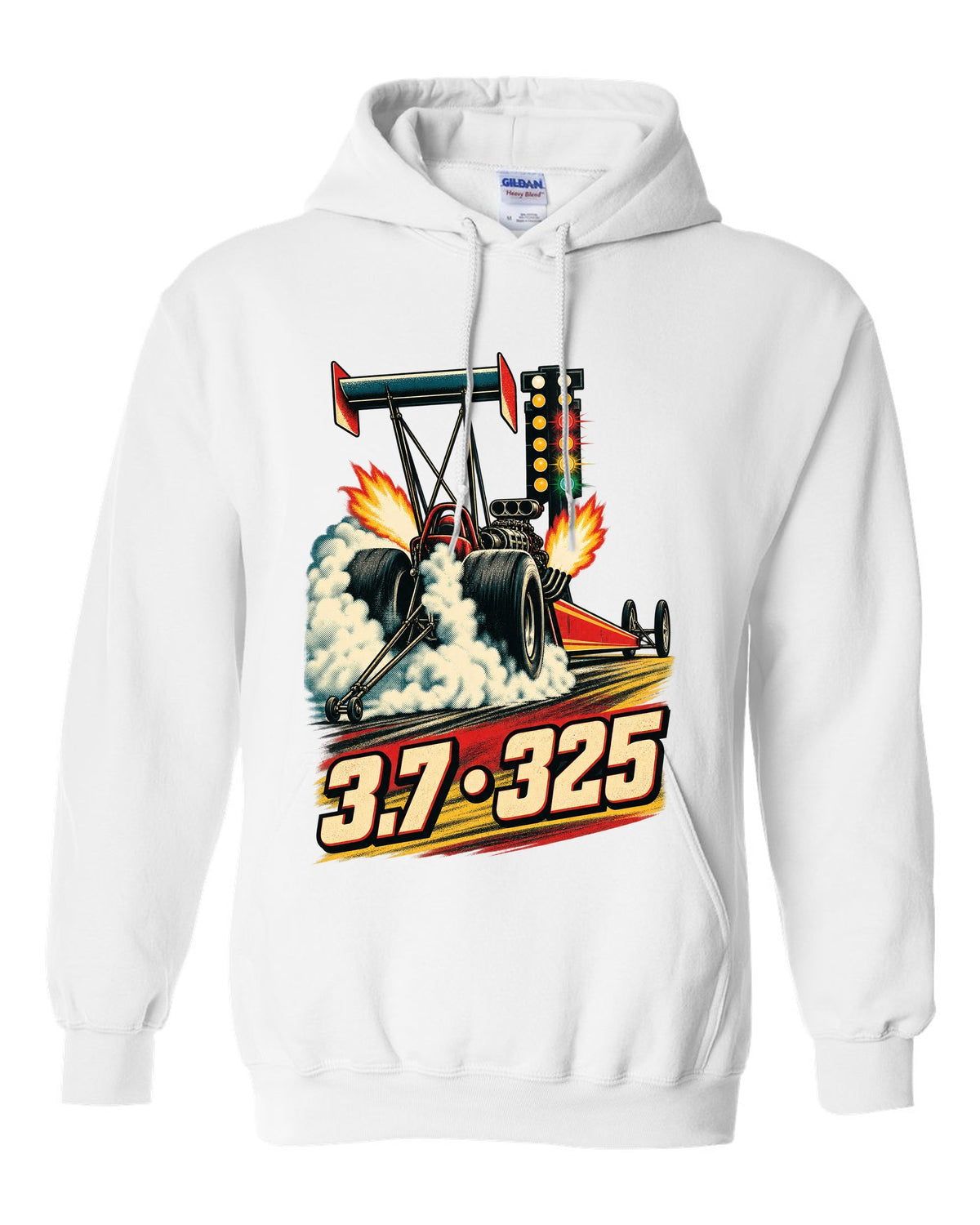 Retro poster style Top Fuel dragster doing a burnout with halftone smoke and 3.7 325 lettering white pull over hoodie front view with the design