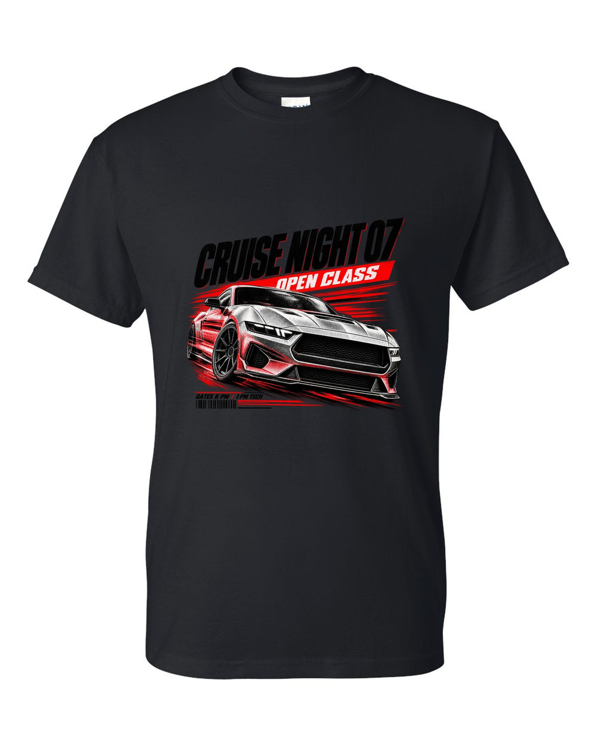 Ford Mustang S650 GT race poster print reading Cruise Night 07 Open Class black t-shirt front view with the design
