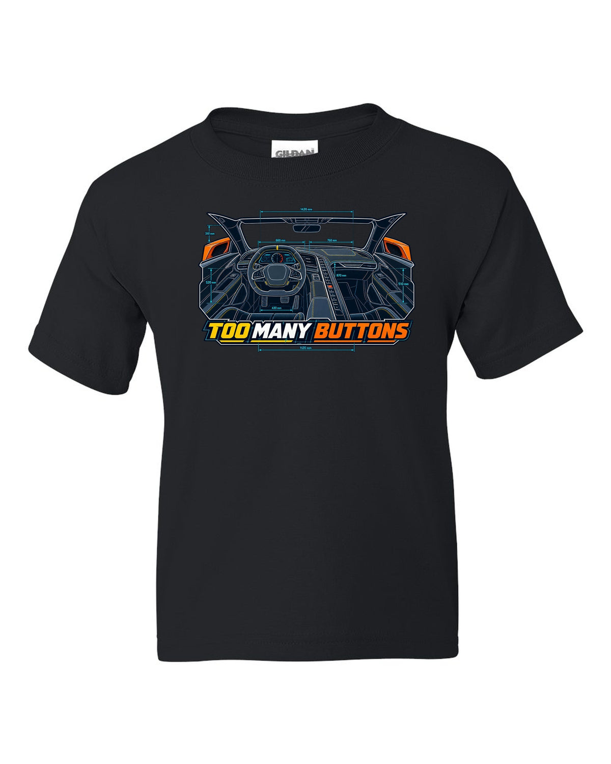 Blueprint line art print of a Chevrolet Corvette C8 Stingray cockpit with Too Many Buttons text black kids tee front view with the design
