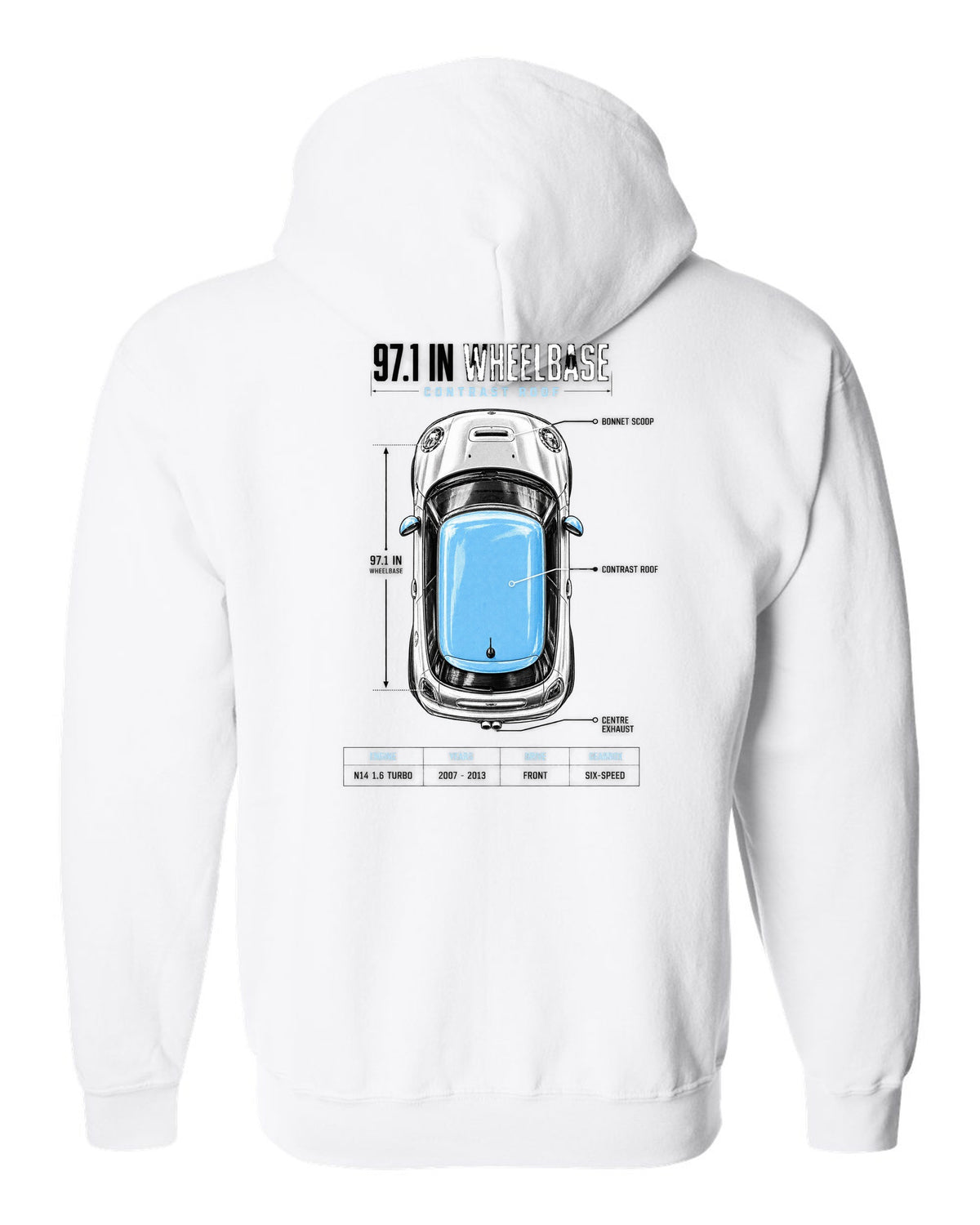 Top-down plan view of a Mini Cooper S R56 on a spec poster print with wheelbase text white zip hoodie back view with the design