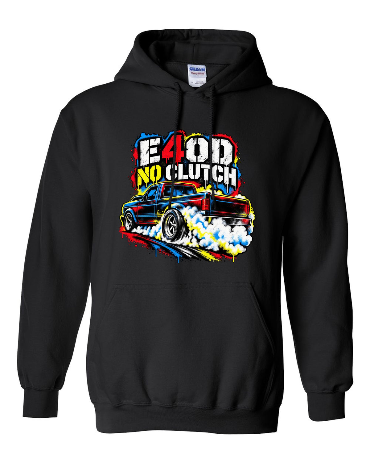 Ford F-150 SVT Lightning first gen burnout in a stencil spray print black pull over hoodie front view with the design