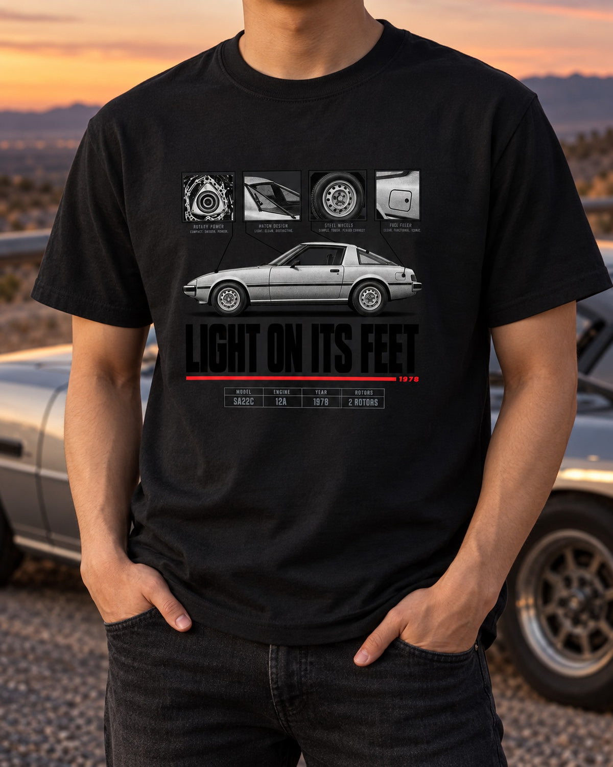 Mazda RX-7 SA22C Savanna Spec Poster Tee, Two Rotor Shirt T-Shirt Black worn hero