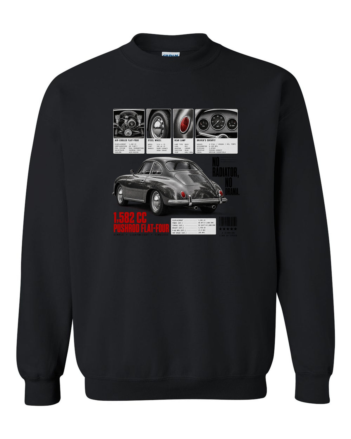 Dossier panel print of a Porsche 356 B coupe with 1,582 cc flat-four and no radiator text black crewneck front view with the design