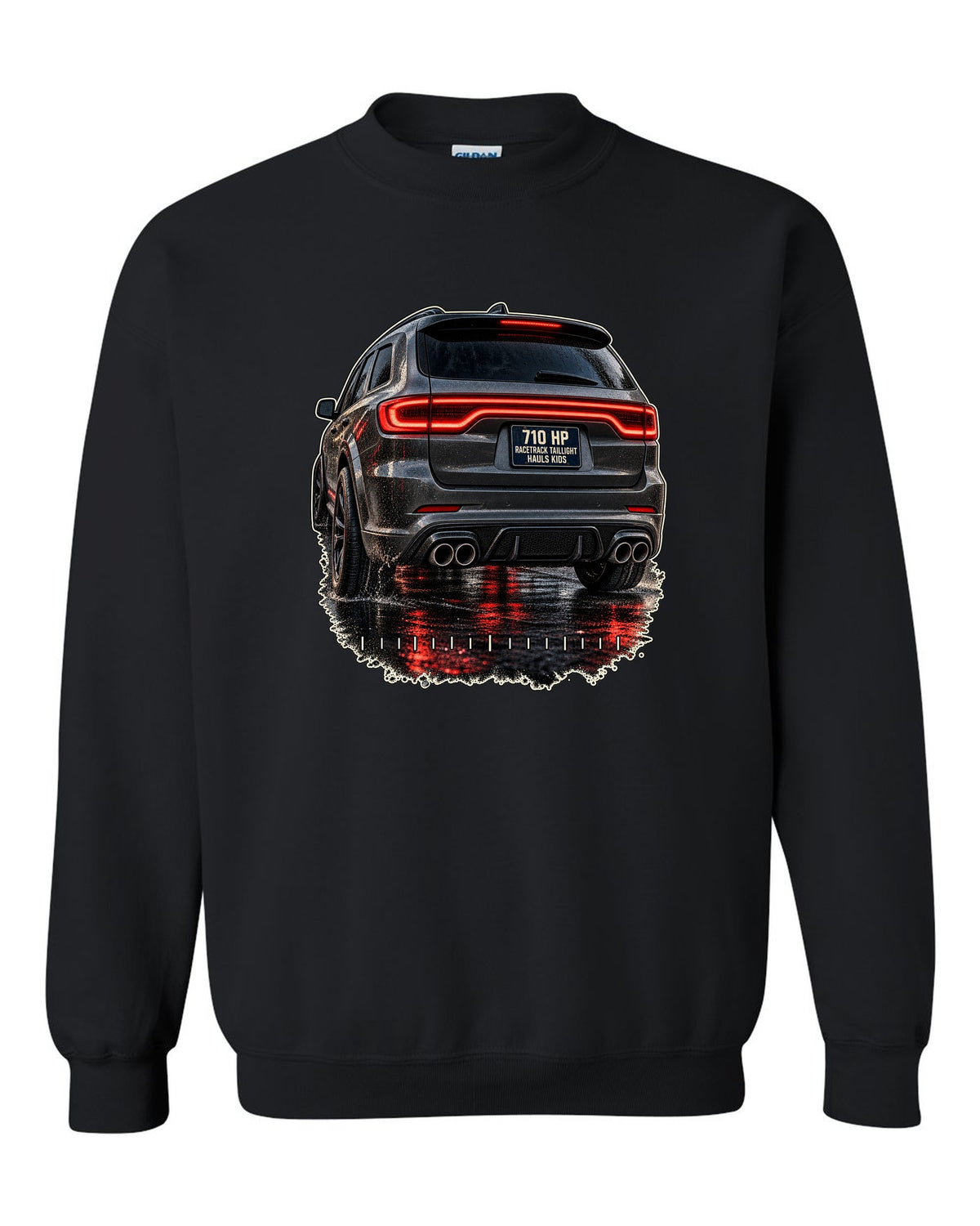 print of a Dodge Durango SRT Hellcat taillight close-up black crewneck front view with the design
