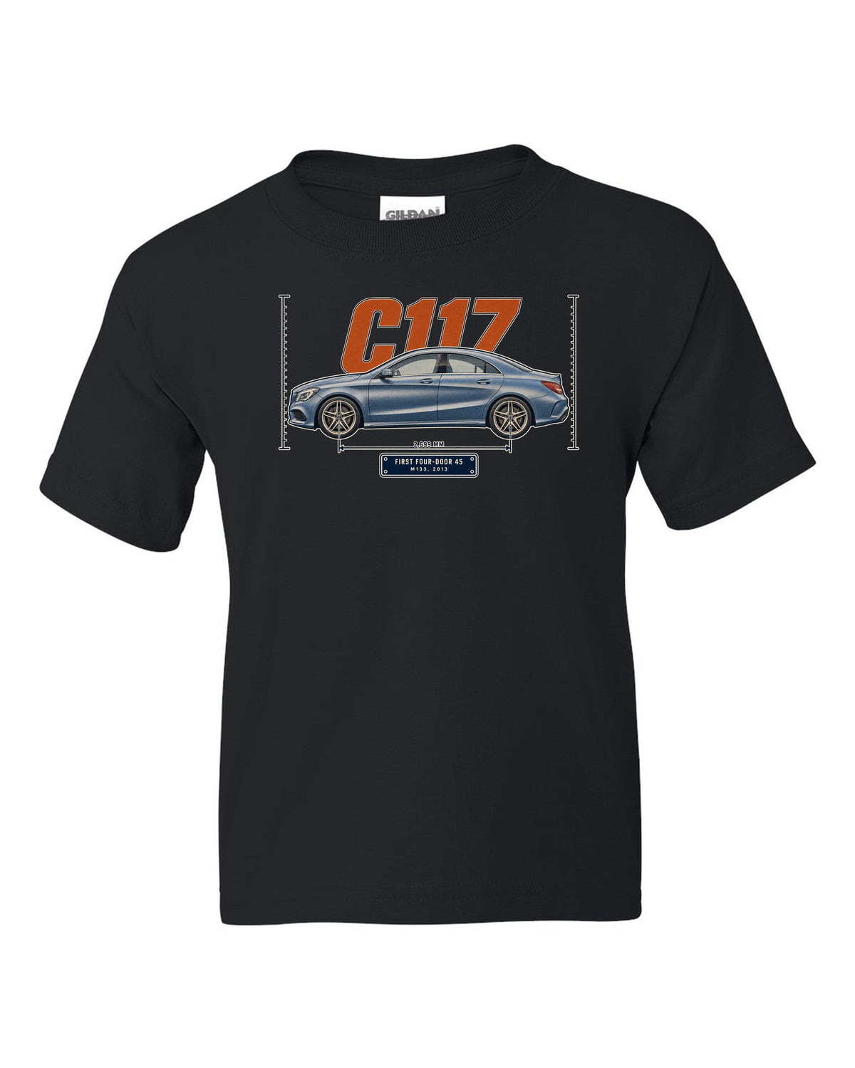 Mercedes-AMG CLA 45 C117 sedan halftone print black kids tee front view with the design
