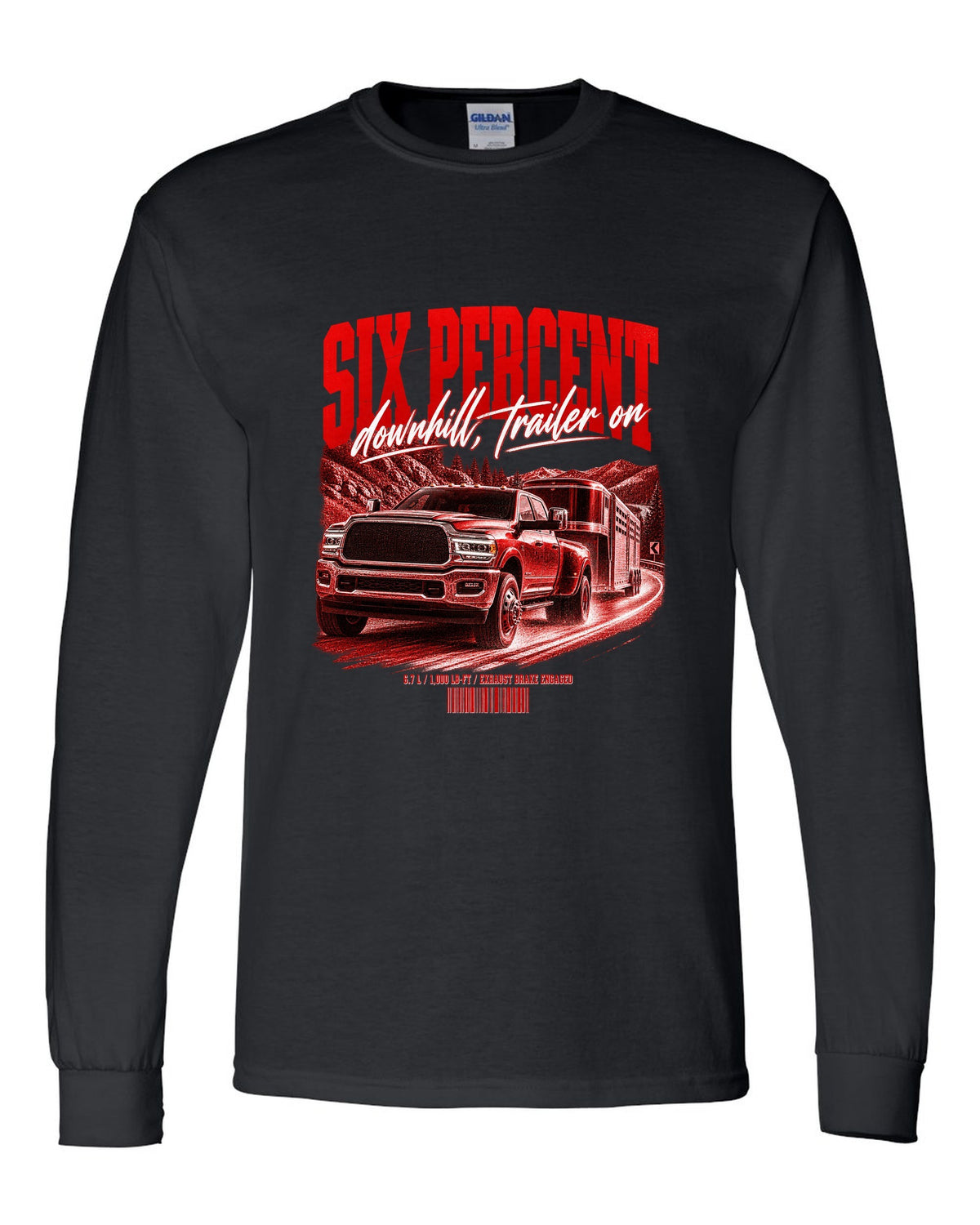 Street poster of a 2019-2024 Ram 3500 towing a trailer with the text Six percent, downhill, trailer on black long sleeve front view with the design