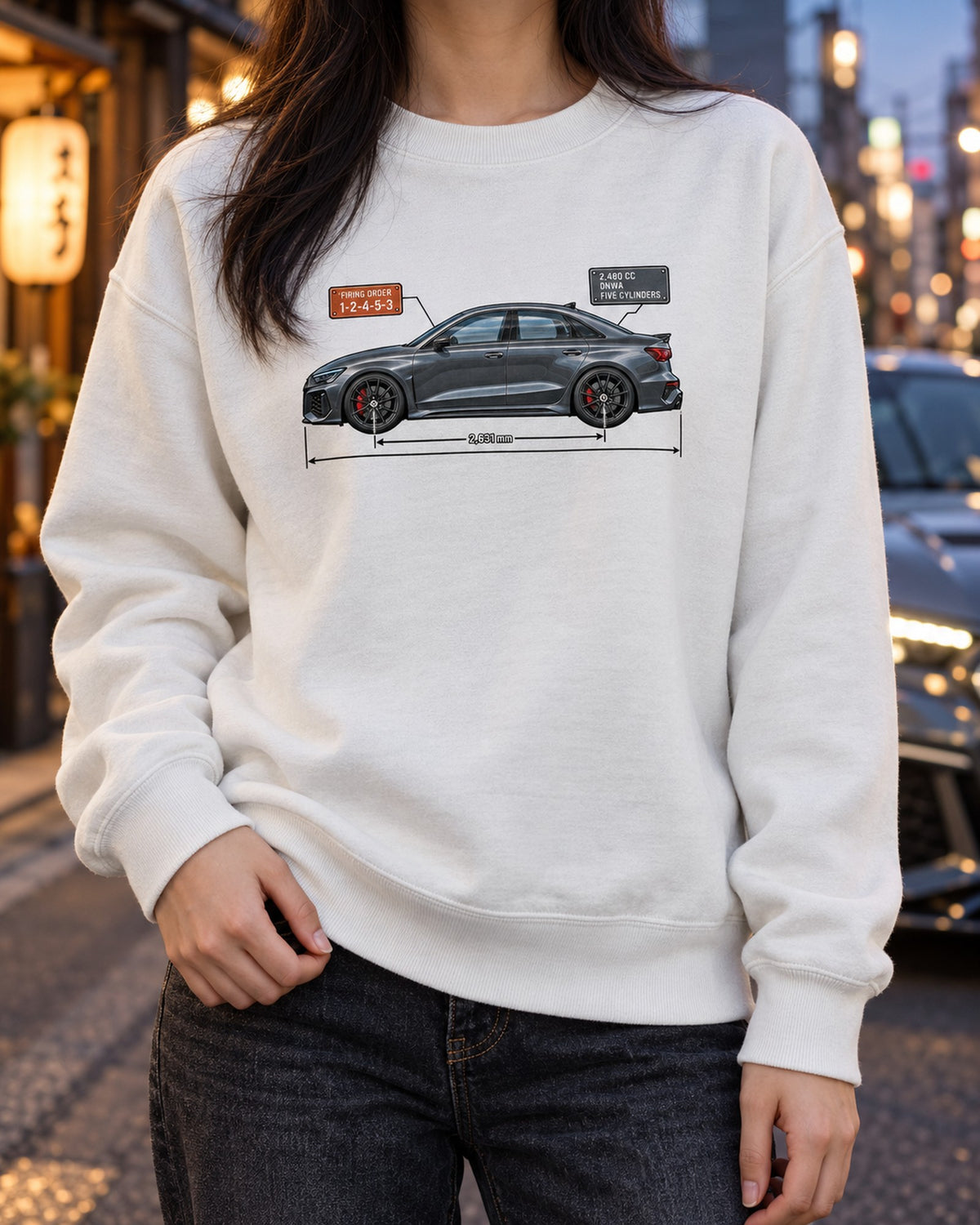 Audi RS3 8Y Five-Cylinder Firing Order Blueprint Shirt Crewneck White worn hero