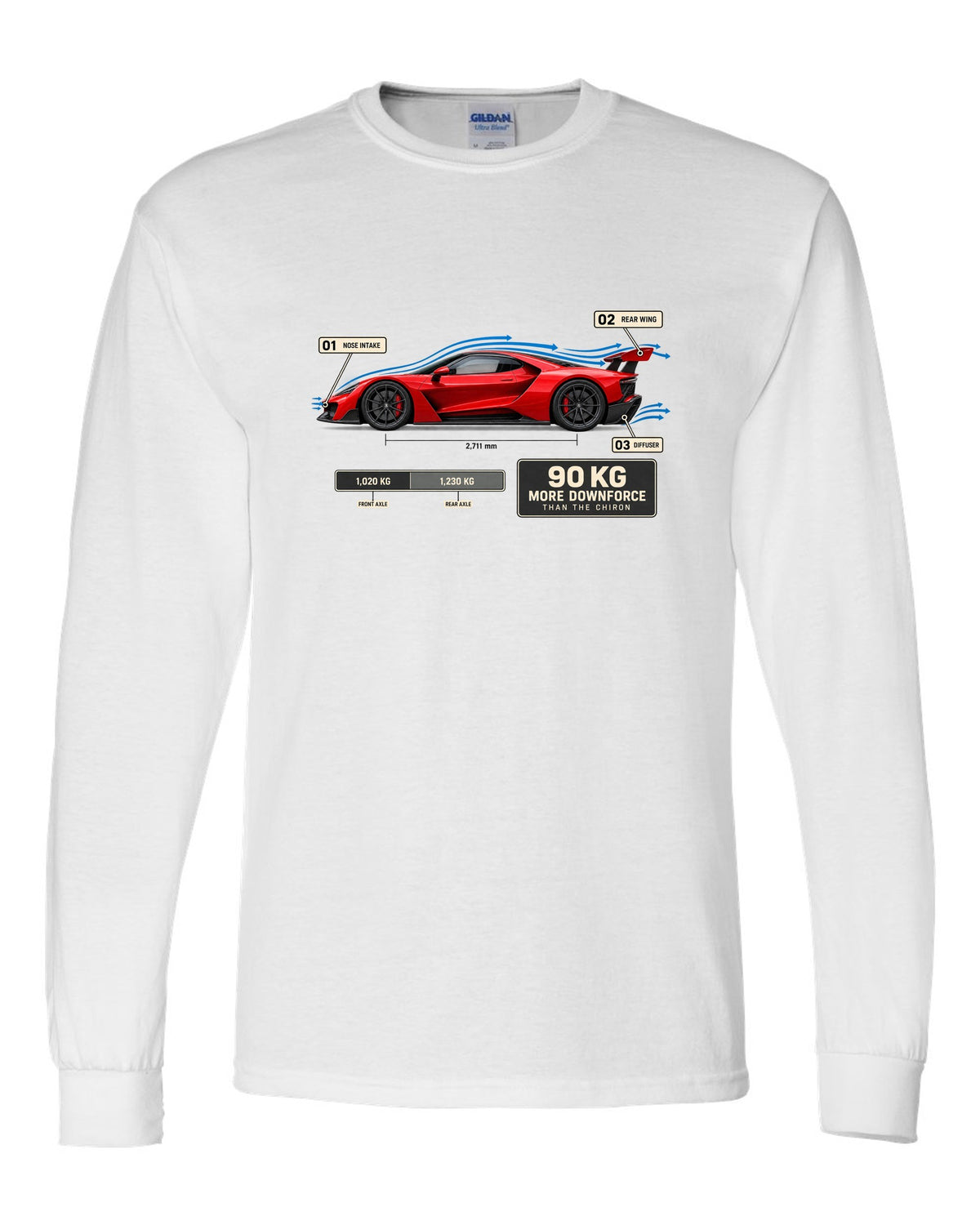 Bugatti Divo aero callouts diagram print about downforce versus Chiron white long sleeve front view with the design