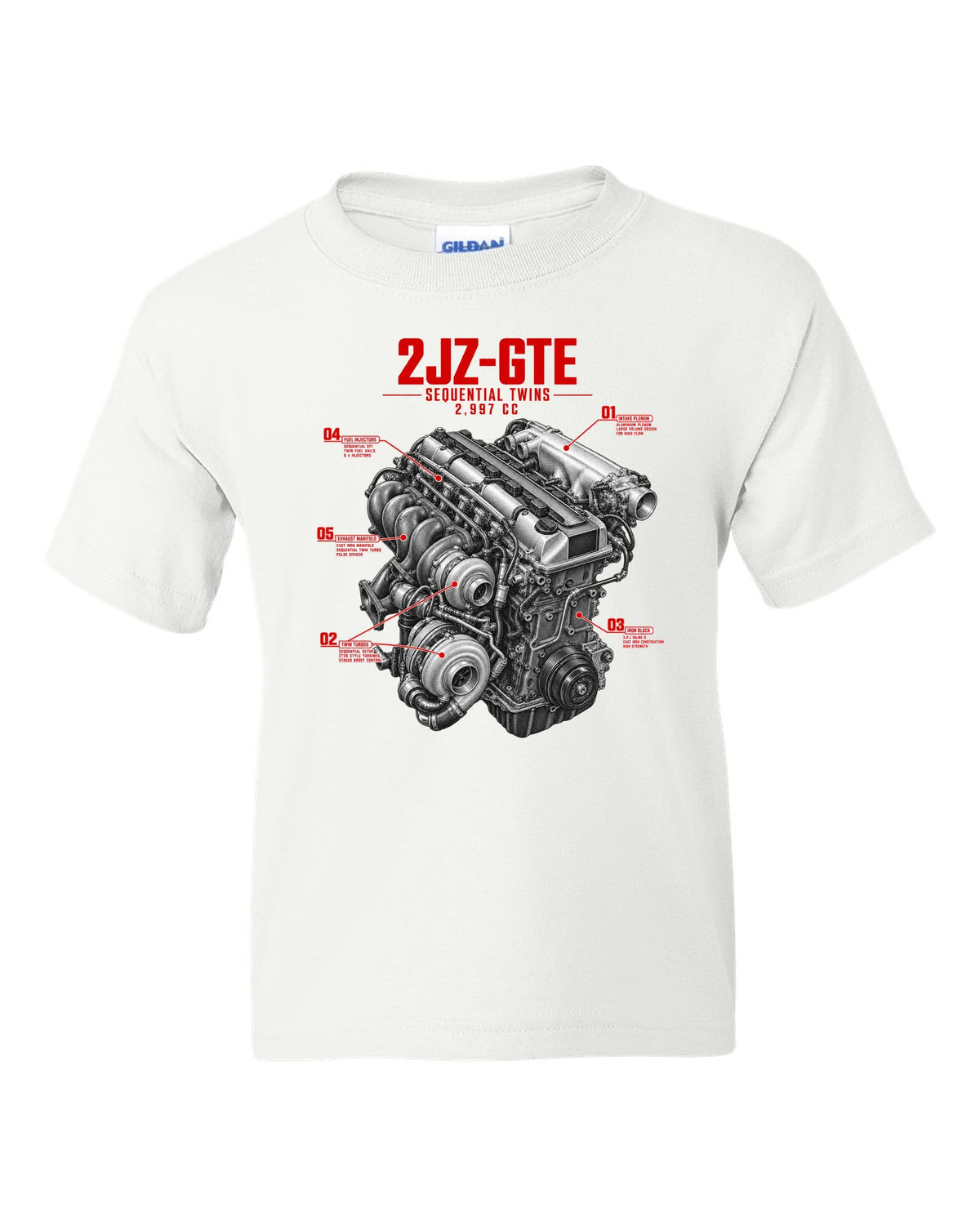 print of a Toyota Supra A80 2JZ-GTE engine with callouts for sequential twins and 2,997 cc white kids tee front view with the design