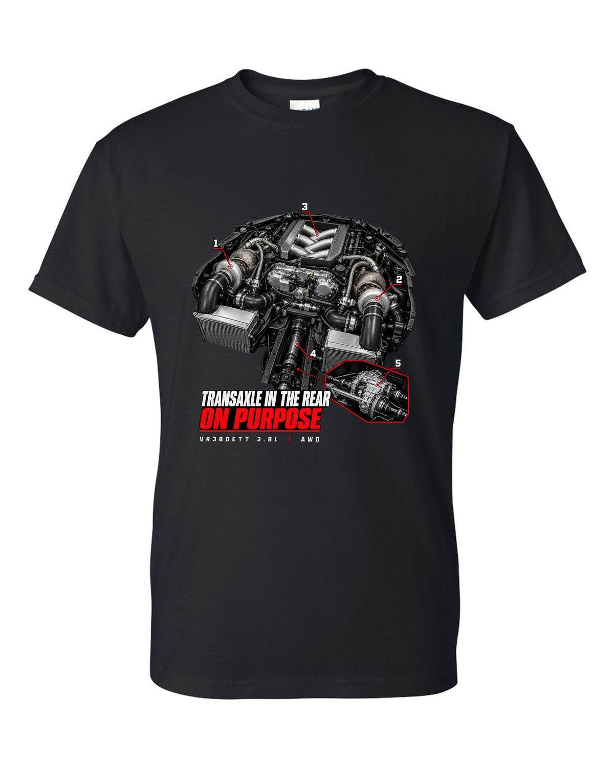 Engine hero diagram of a Nissan GT-R R35 with callout lines pointing to the rear transaxle black t-shirt front view with the design