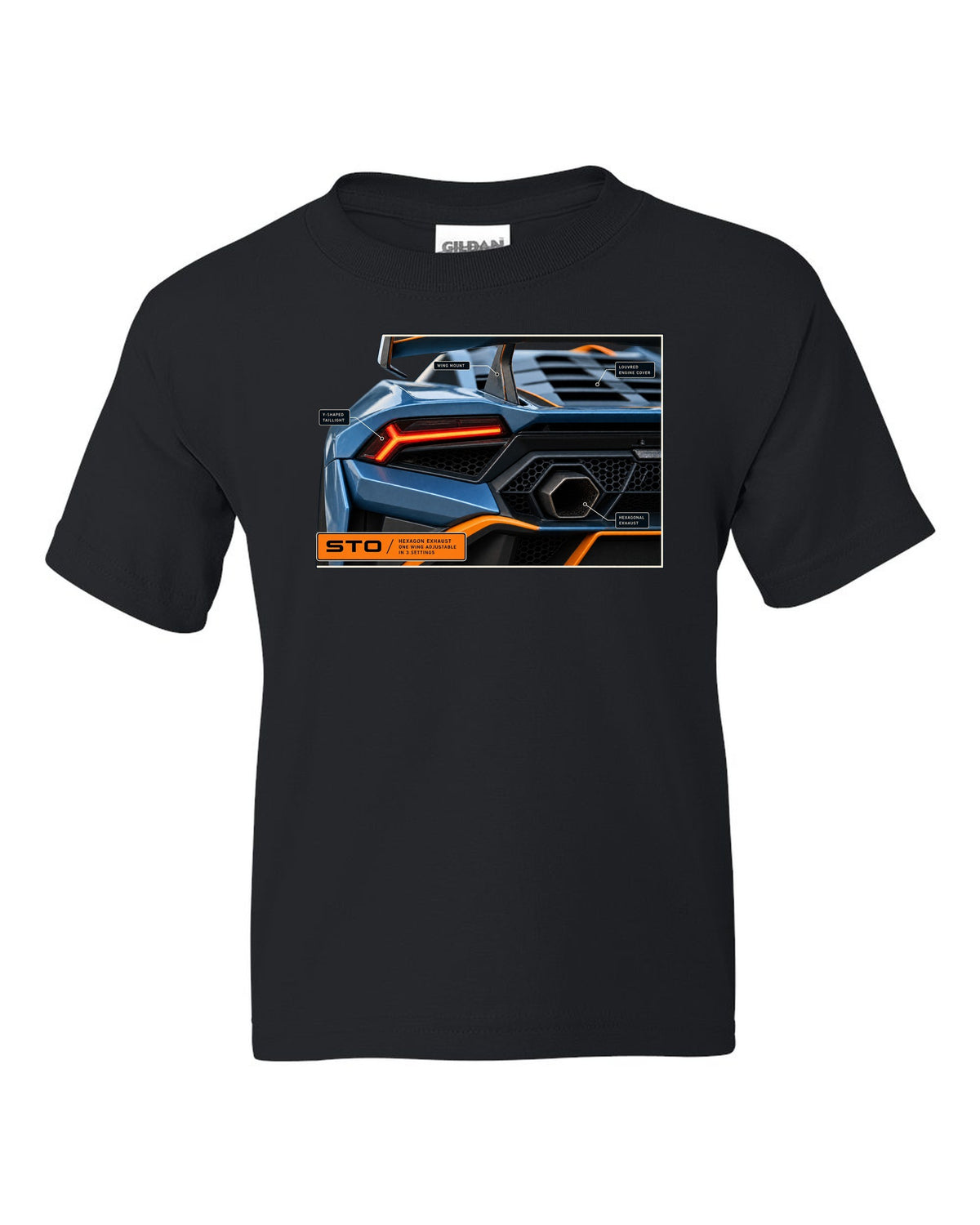 Taillight and hexagon exhaust macro print of the Lamborghini Huracan STO black kids tee front view with the design