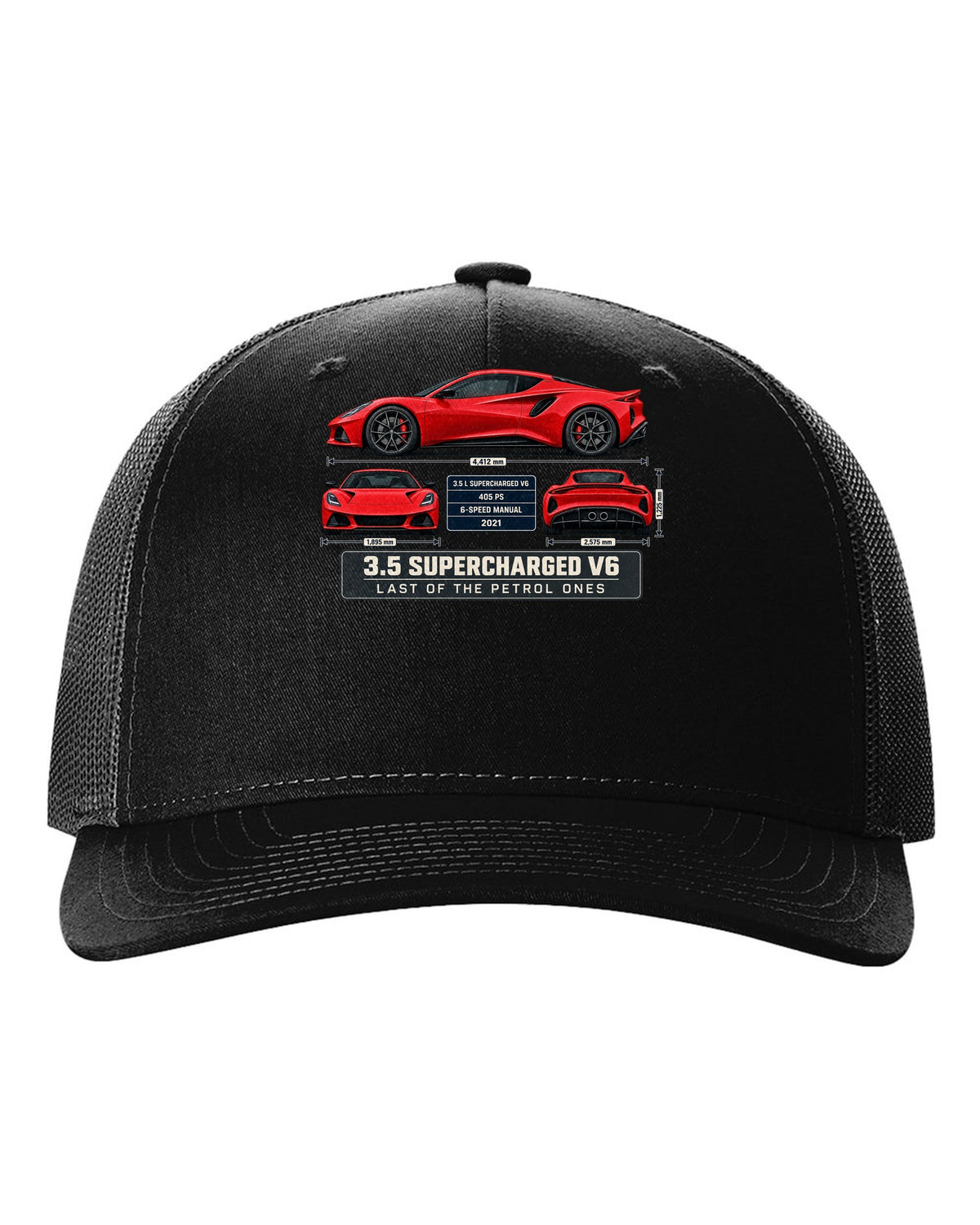 Lotus Emira V6 First Edition Spec Poster Tee, 3.5 Supercharg black hat front view with the design