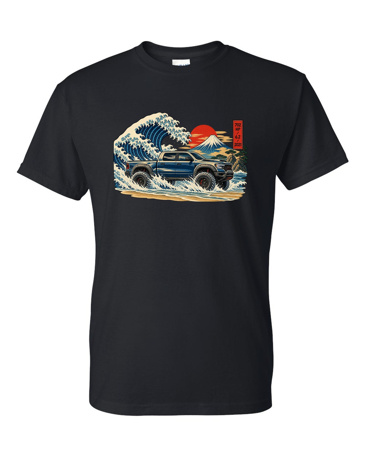 Ukiyo-e great wave woodblock print of a 2021-2024 Ram 1500 TRX with 702 HP 6.2 2021 text black t-shirt front view with the design
