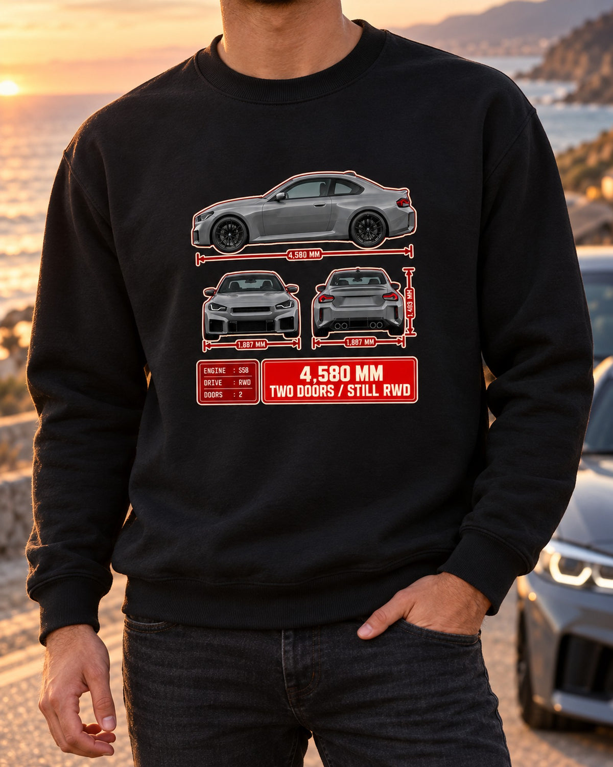 BMW M2 G87 Three-View Spec Tee, 4,580 mm Rear-Drive Car Shirt Crewneck Black worn hero