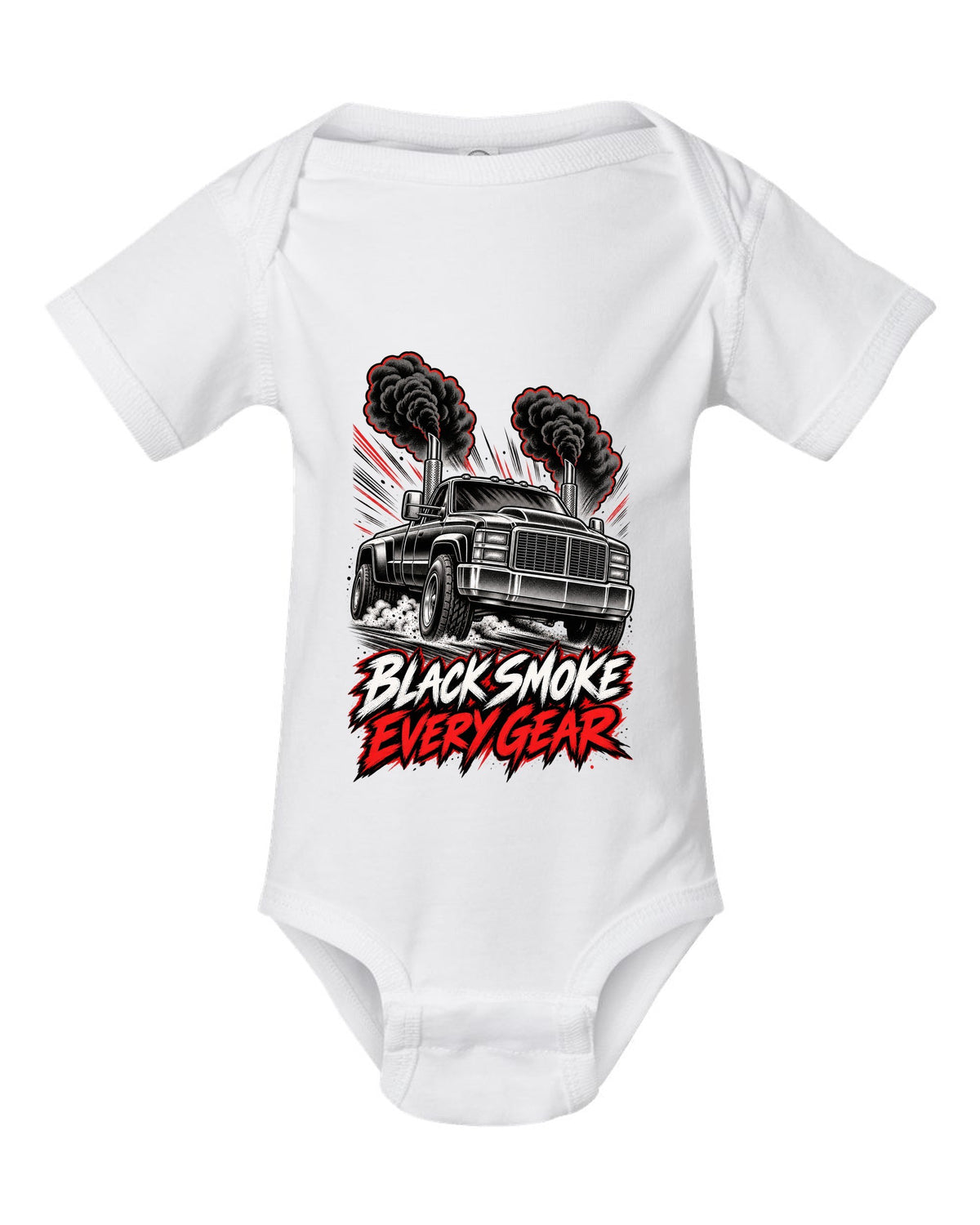 Retro manga halftone panel print of a 1994-1998 Dodge Ram 2500 12V Cummins with black smoke white baby onesie front view with the design