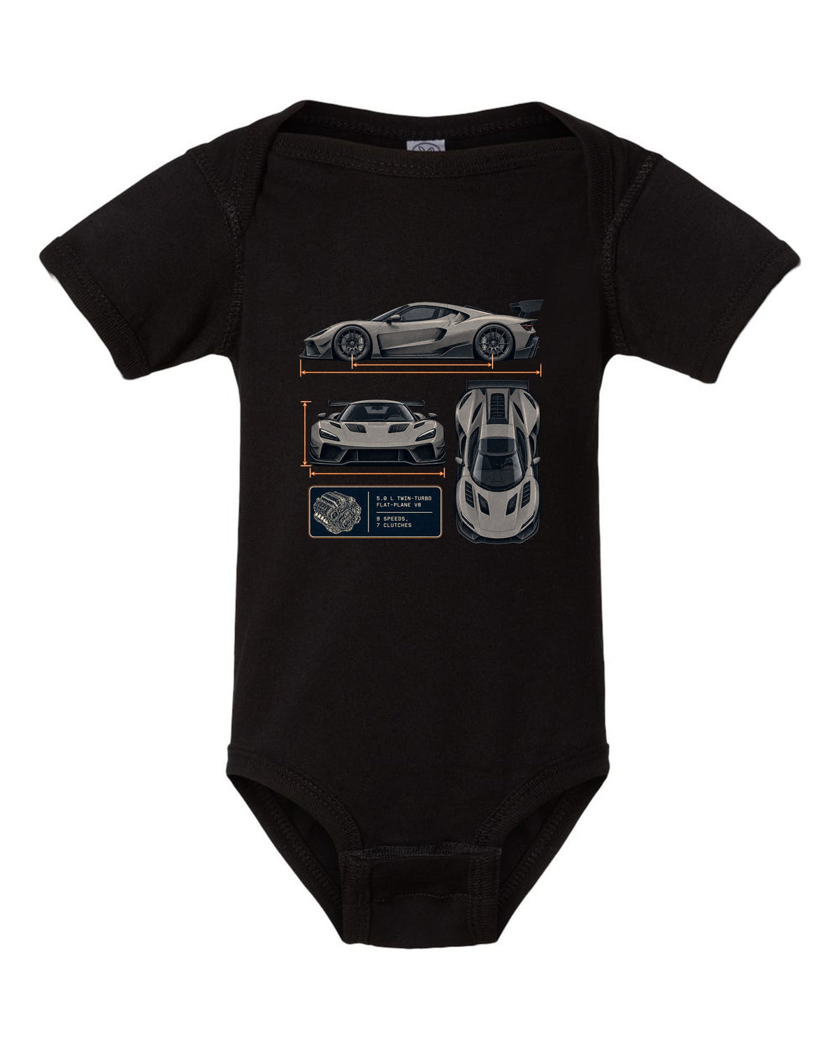 Three-view drawing and spec table of the Koenigsegg Jesko Attack, print black baby onesie front view with the design
