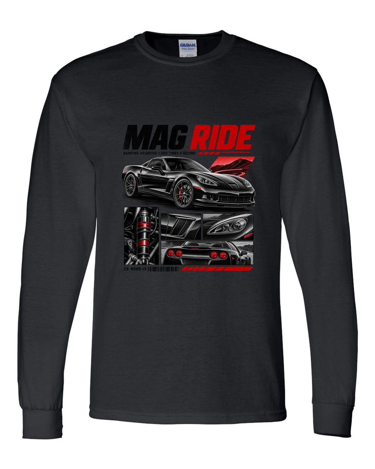 Corvette C6 coupe in dossier panels with magnetic ride text black long sleeve front view with the design