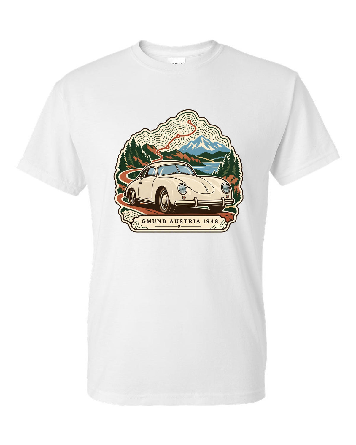 Topographic contour map design marking Gmund Austria 1948 for the Porsche 356 white t-shirt front view with the design
