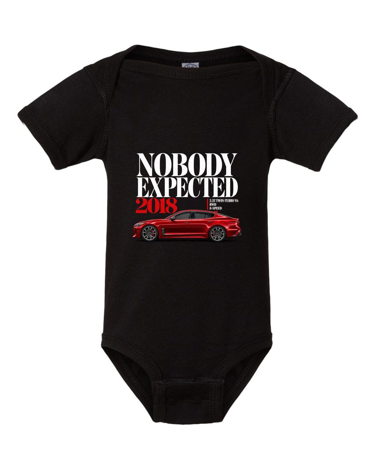 Kia Stinger GT editorial headline print with twin-turbo V6 spec text black baby onesie front view with the design