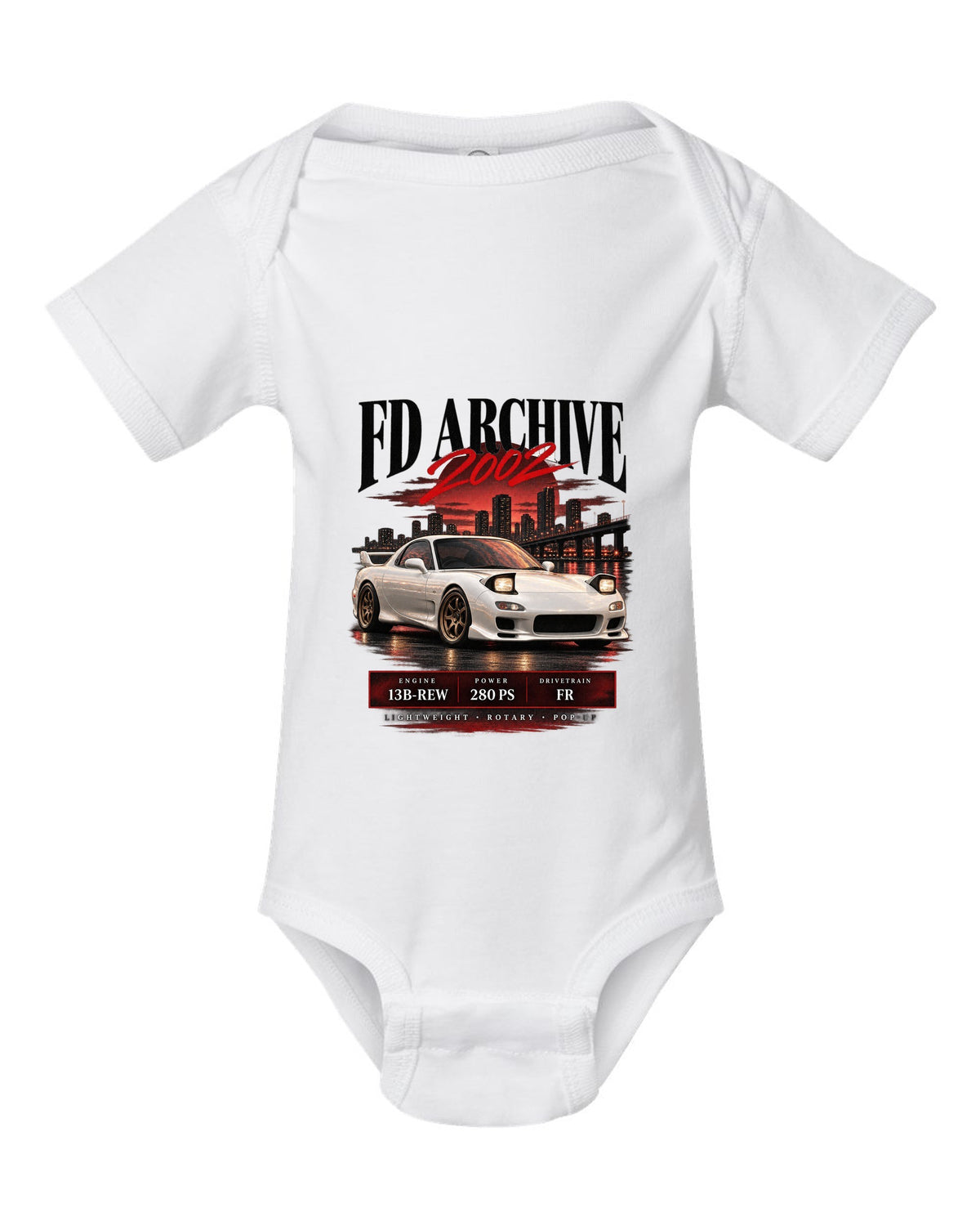Archive panel print of the Mazda RX-7 FD3S Spirit R 2002 with spec lettering white baby onesie front view with the design