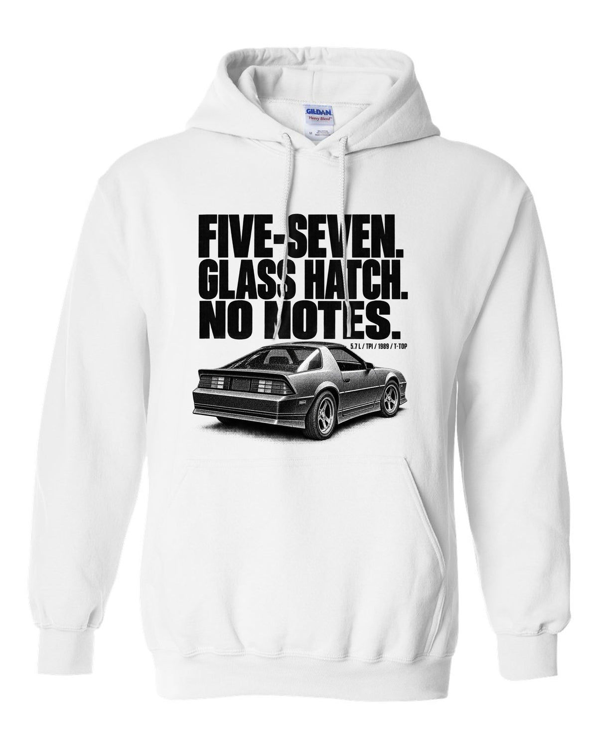 Halftone print of a 1989 Chevrolet Camaro IROC-Z glass ch with five-seven text white pull over hoodie front view with the design
