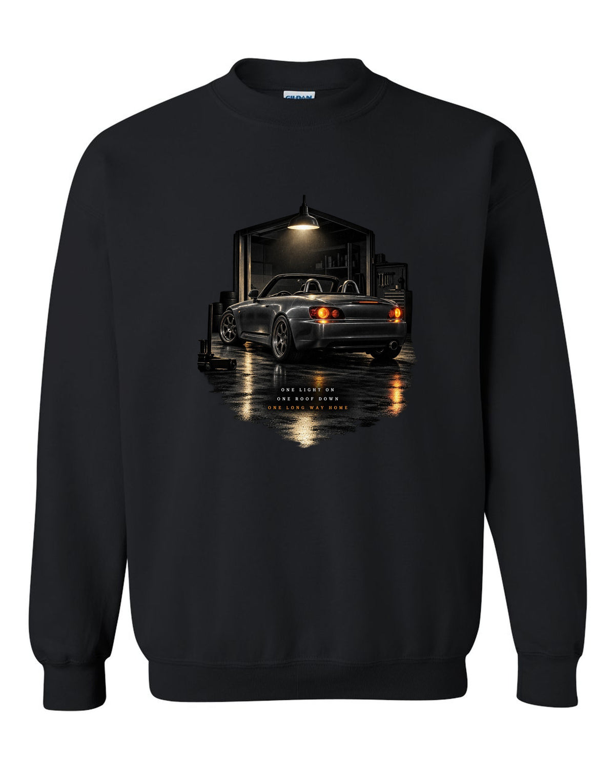 Honda S2000 AP1 roadster garage night design with roof down long way home text black crewneck front view with the design