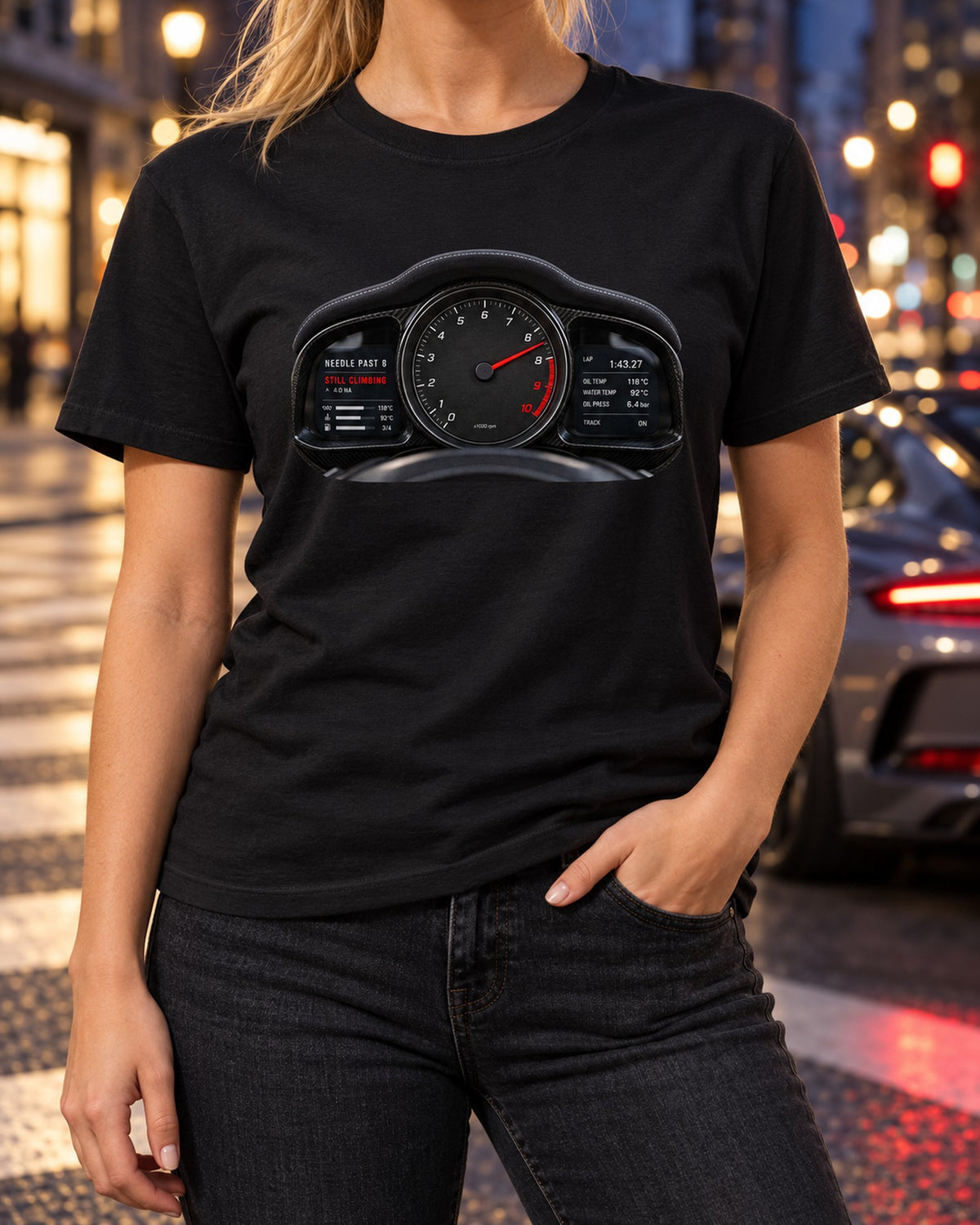 Porsche 992 GT3 RS Gauge Shirt, Needle Past 8 Cockpit Print T-Shirt Black worn hero