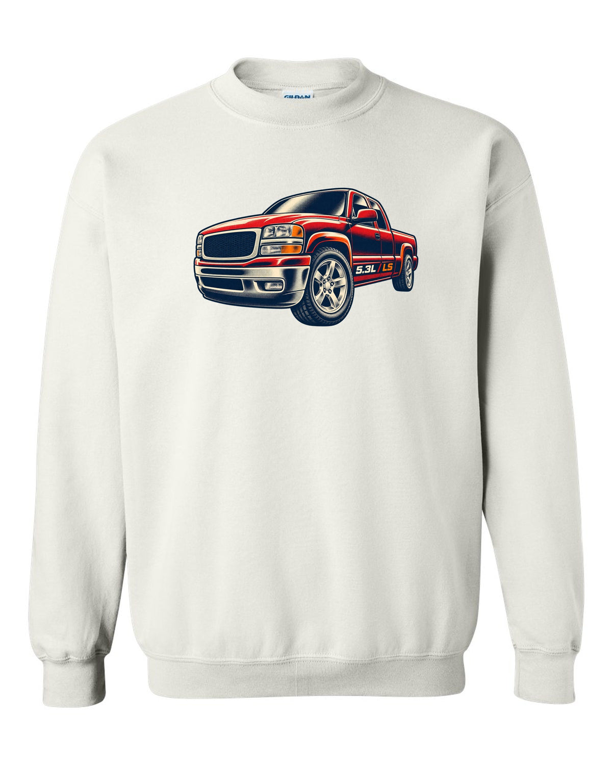 Retro screen-print wheel close-up print for a 1999-2006 Chevrolet Silverado GMT800 with 5.3L LS text white crewneck front view with the design