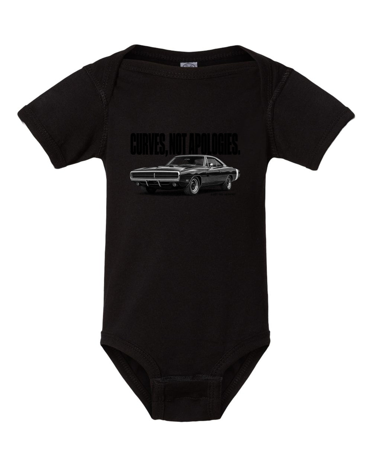 Halftone statement print of a 1970 Dodge Charger R/T with curves not apologies text black baby onesie front view with the design