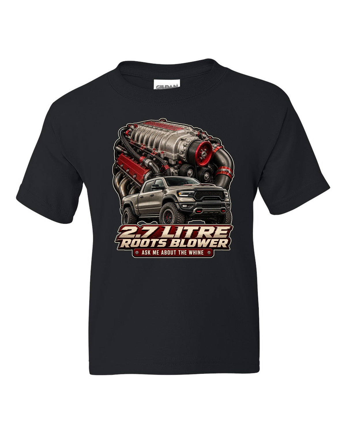 Ram 1500 TRX 2.7 litre Roots supercharger engine poster print black kids tee front view with the design