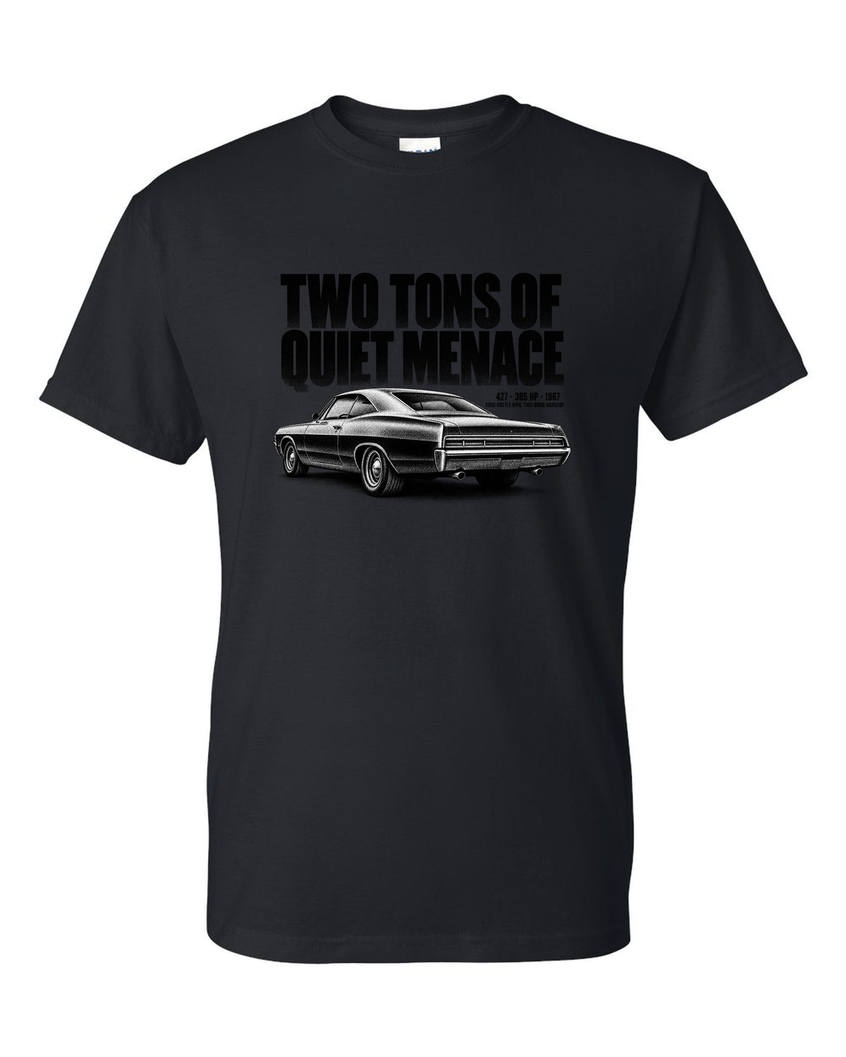 1967 Impala SS 427 two-door hardtop halftone print with 385 HP text black t-shirt front view with the design