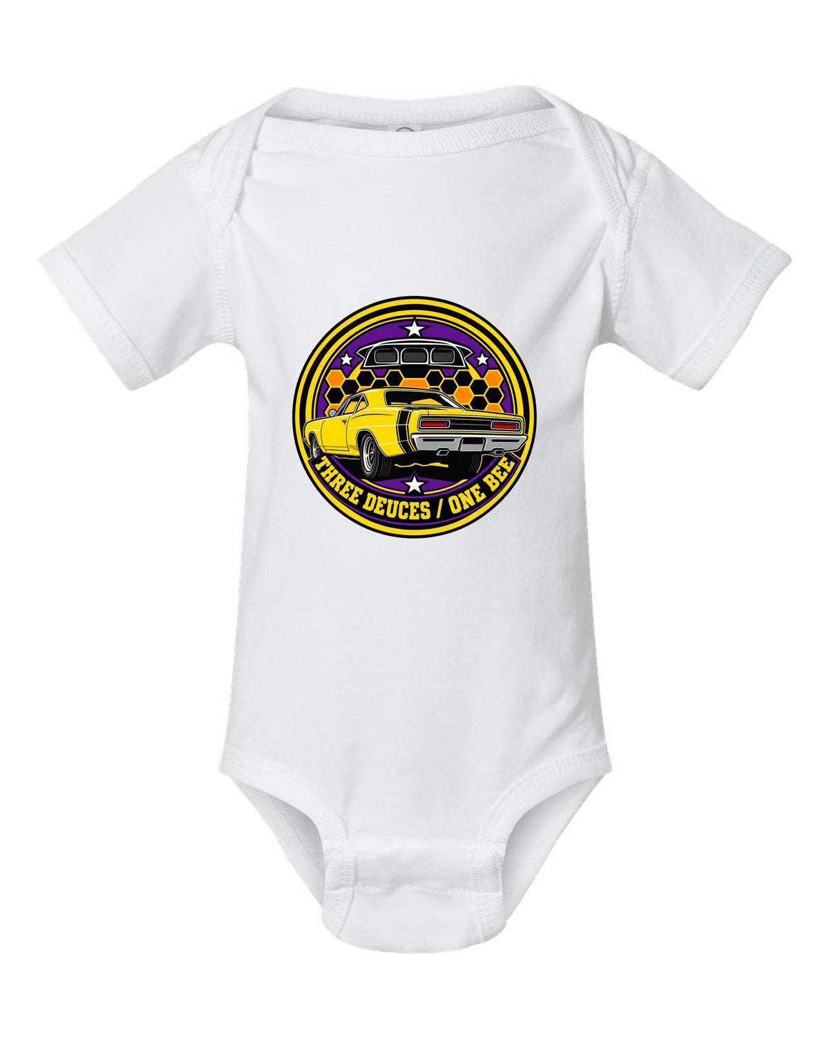 Round crest design for the 1969 Dodge Coronet Super Bee reading three deuces one bee white baby onesie front view with the design