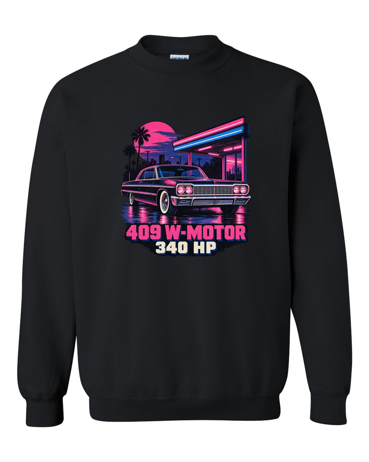 1964 Chevrolet Impala SS in pink and blue risograph neon rain with text 409 W-Motor 340 HP black crewneck front view with the design