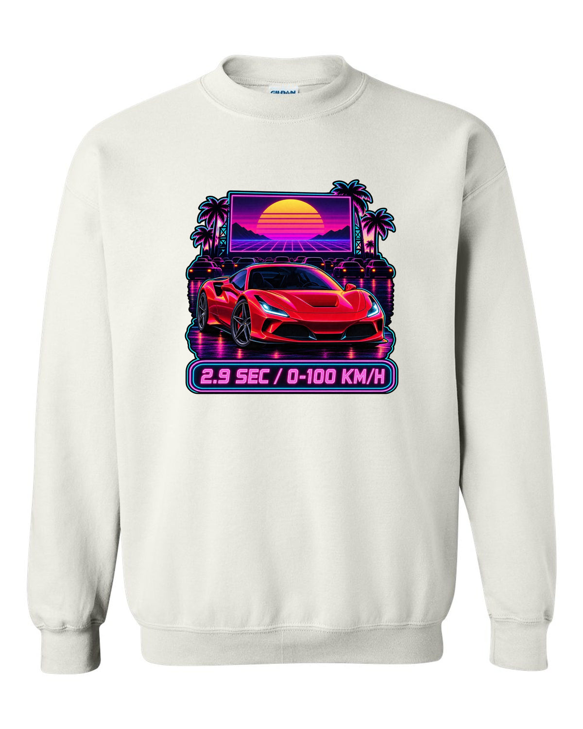 Synthwave outrun drive-in scene with Ferrari F8 Tributo and 2.9 sec text white crewneck front view with the design