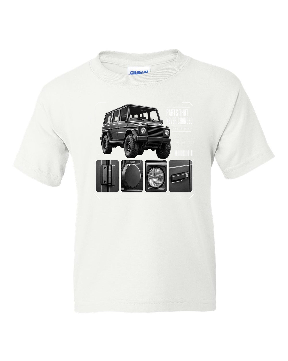 Three-panel dossier print of a Mercedes G-Class W463 with Parts T Never Changed lettering white kids tee front view with the design