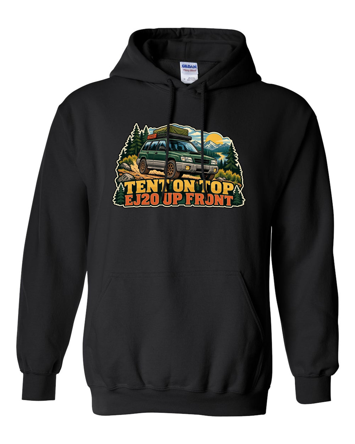 Vintage national park poster illustration of a Subaru Forester SF5 with a roof tent black pull over hoodie front view with the design