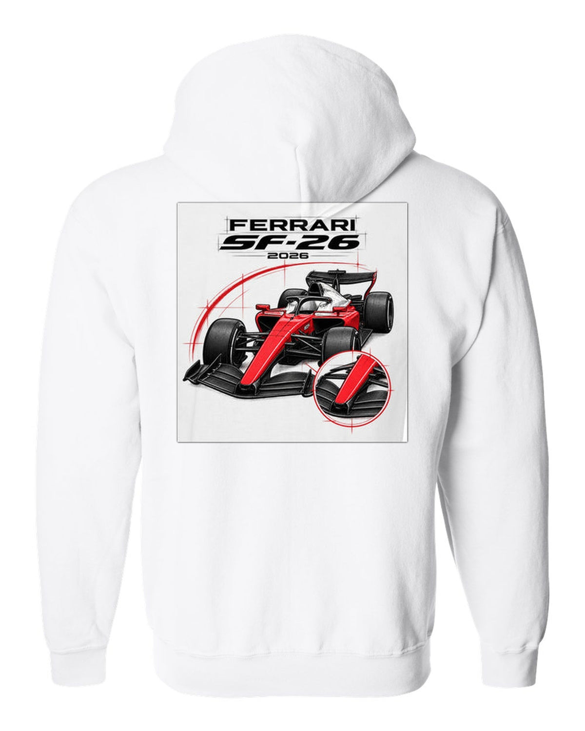 Ferrari SF-26 2026 F1 car technical poster artwork white zip hoodie back view with the design