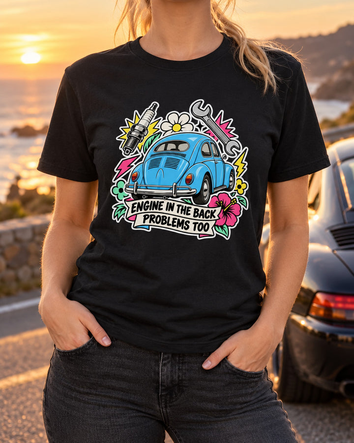 VW Beetle Type 1 Engine In The Back Sticker Collage Tee T-Shirt Black worn hero