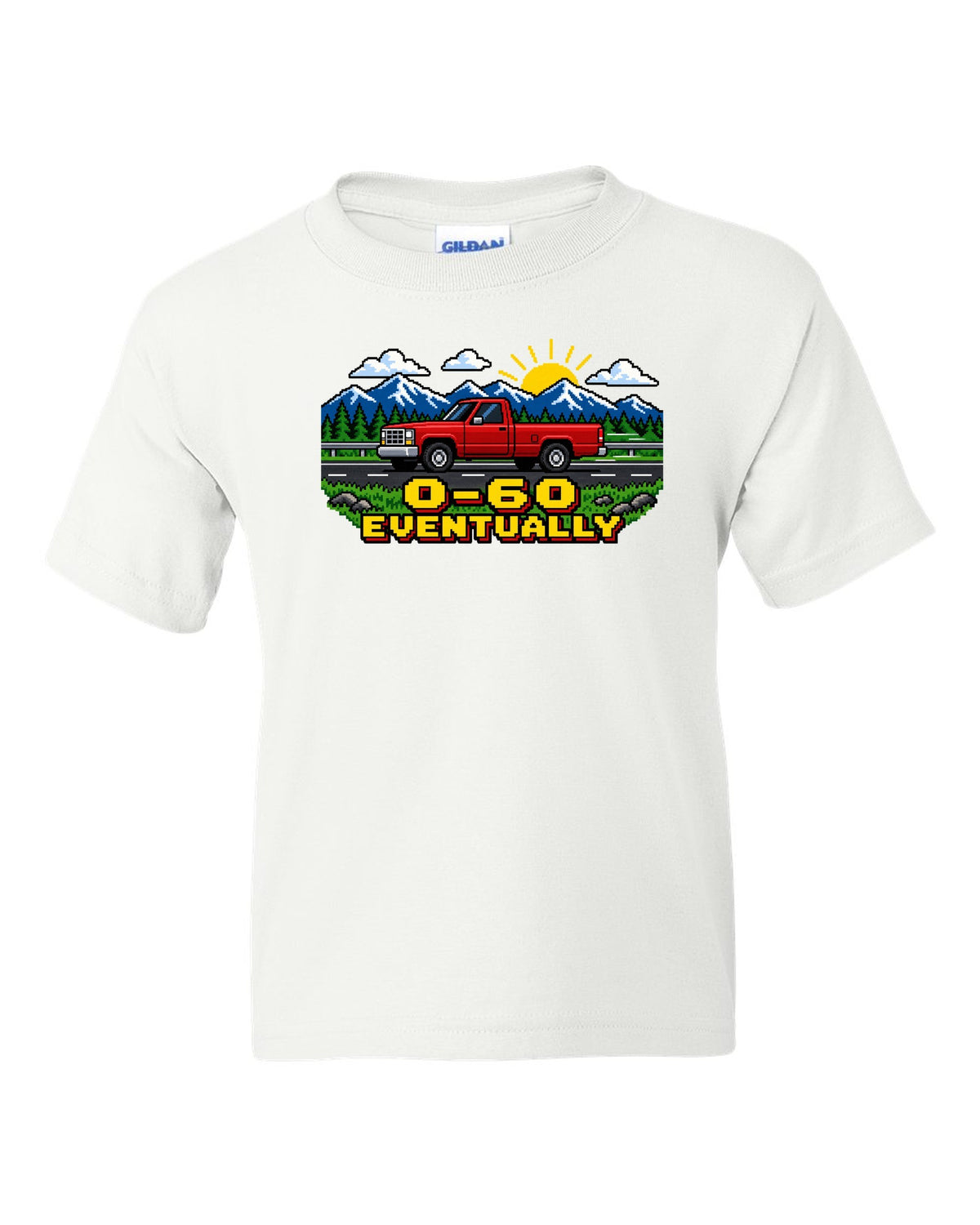 Pixel art print of a 1989-1993 Dodge Ram D250 Cummins with the text 0-60 eventually white kids tee front view with the design