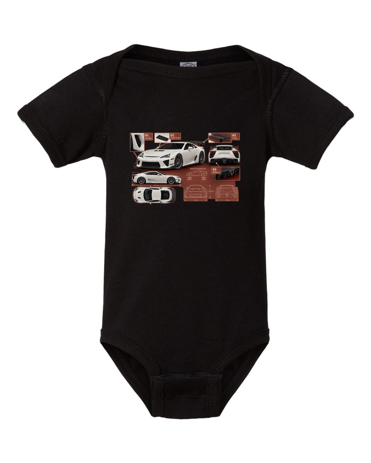 Aero callout diagram of the 2020 Lexus RC F Track Edition black baby onesie front view with the design