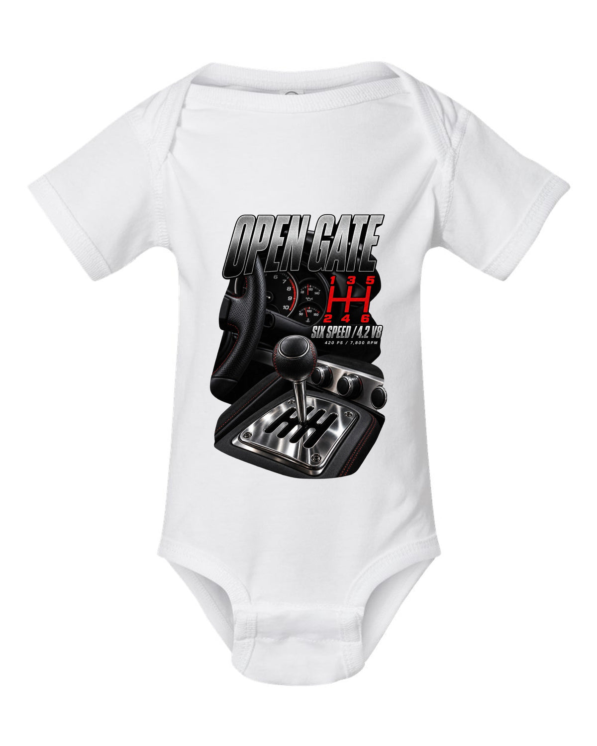 Audi R8 Type 42 V8 open gate six-speed shifter macro design white baby onesie front view with the design