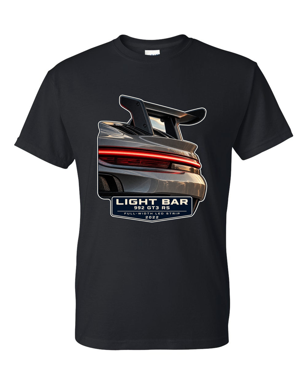 Porsche 992 GT3 RS taillight macro light bar print design black t-shirt front view with the design