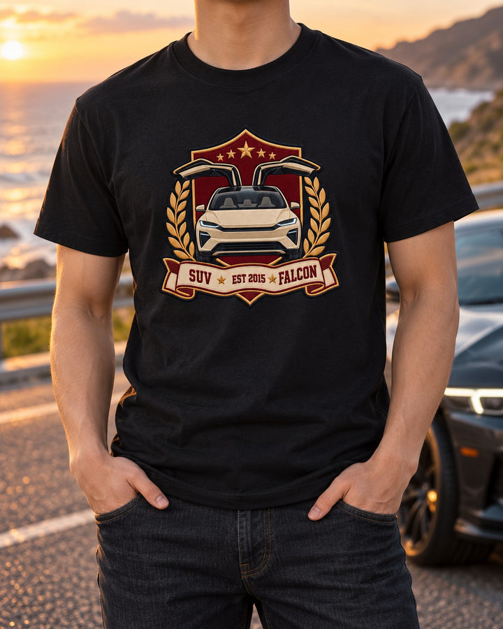 Tesla Model X Varsity Crest Tee, SUV Est 2015 Falcon T-Shirt Black worn hero